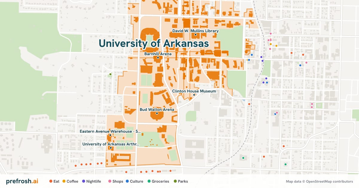 Campus map of University of Arkansas in Fayetteville, AR, showing Bud Walton Arena, Barnhill Arena, Clinton House Museum and Chi Omega Greek Theatre, with nearby restaurants, coffee and shops