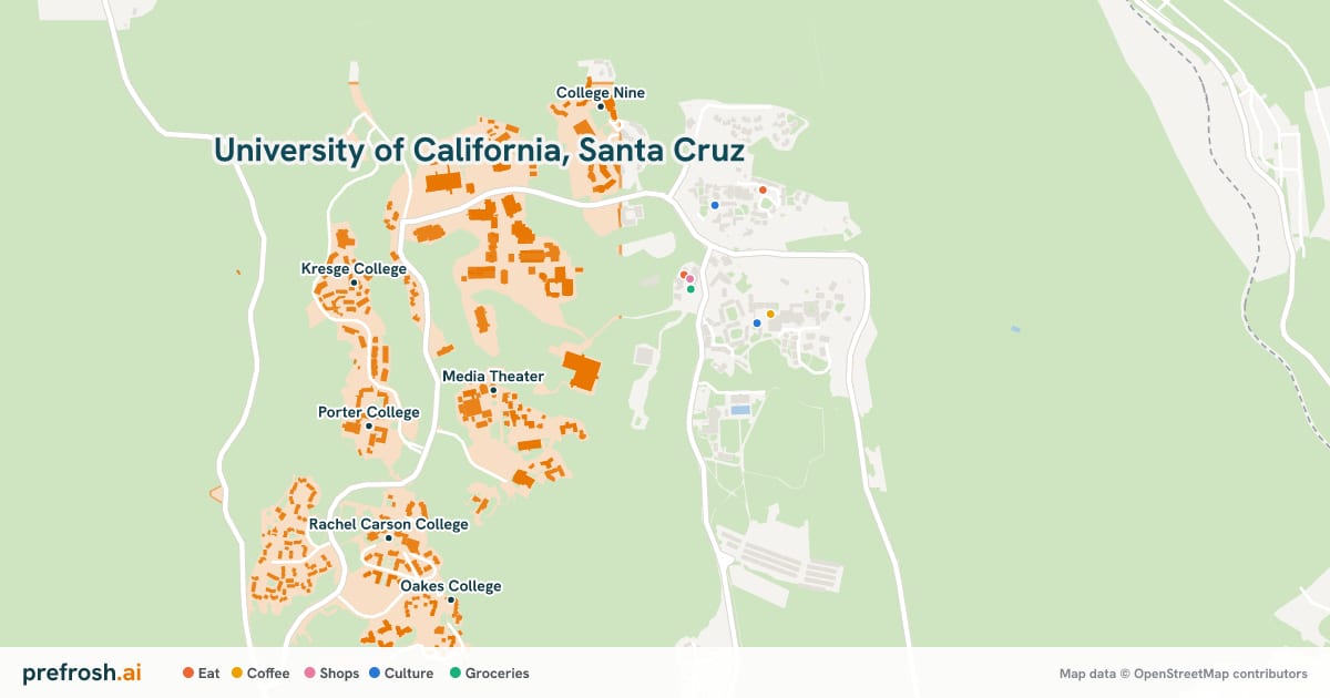 Campus map of University of California, Santa Cruz in Santa Cruz, CA, showing Media Theater, Second Stage, McHenry Library and Porter College, with nearby restaurants, coffee and shops