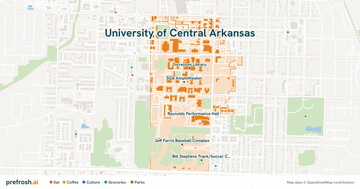 Campus map of University of Central Arkansas in Conway, AR, showing SGA Amphitheater, Reynolds Performance Hall, Tennis Complex and Torreyson Library, with nearby restaurants, coffee and shops
