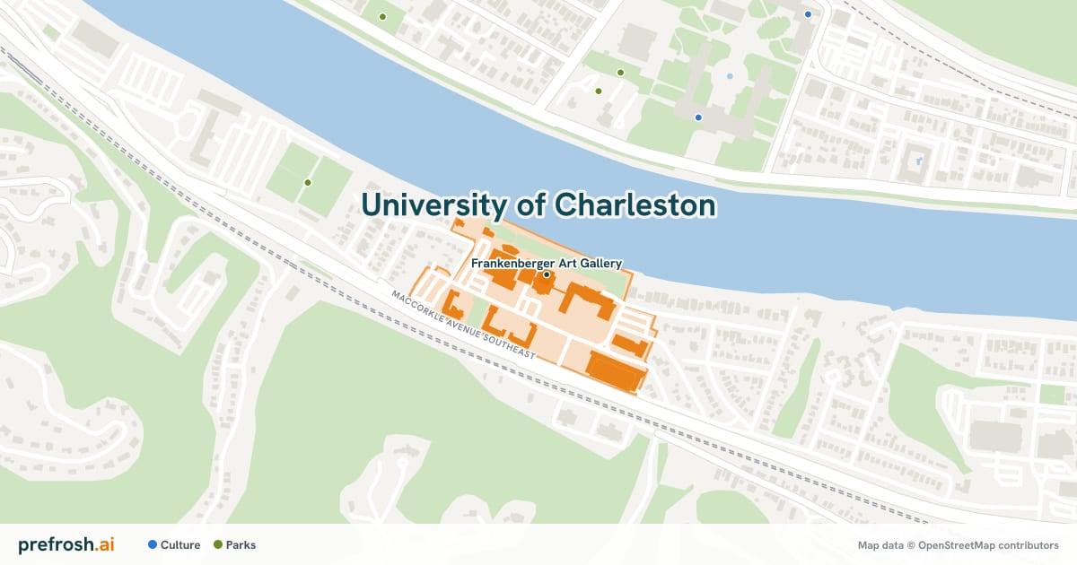 Campus map of University of Charleston in Charleston, WV, showing Frankenberger Art Gallery, with nearby restaurants, coffee and shops