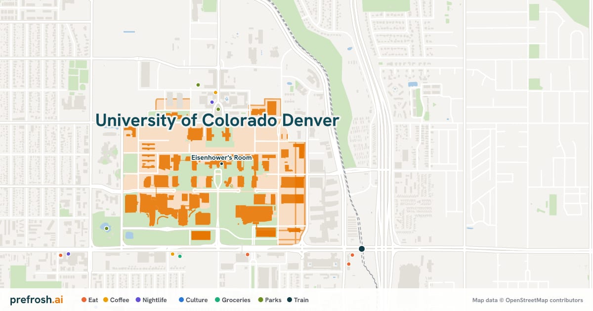 Campus map of University of Colorado Denver in Denver, CO, showing Eisenhower's Room, with nearby restaurants, coffee and shops
