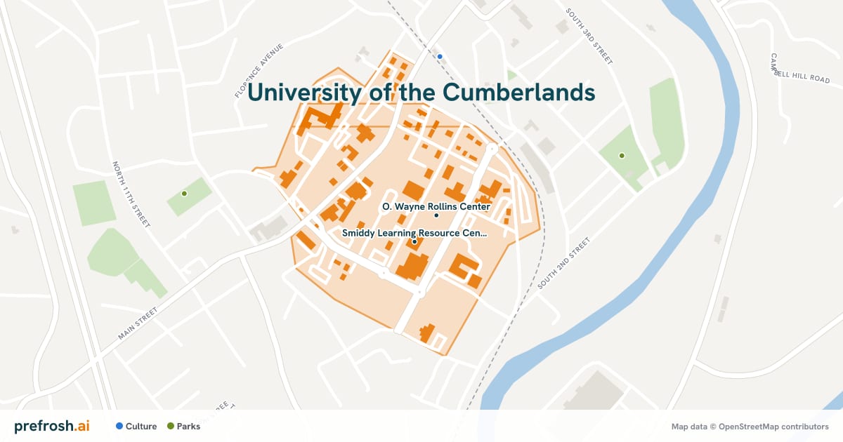 Campus map of University of the Cumberlands in Williamsburg, KY, showing O. Wayne Rollins Center and Smiddy Learning Resource Center, with nearby restaurants, coffee and shops