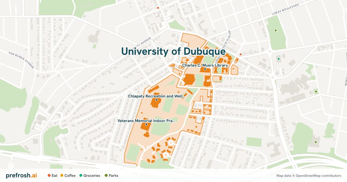Campus map of University of Dubuque in Dubuque, IA, showing Chlapaty Recreation and Wellness Center, Frank Farber Tennis Courts and Stoltz Sports Center, with nearby restaurants, coffee and shops