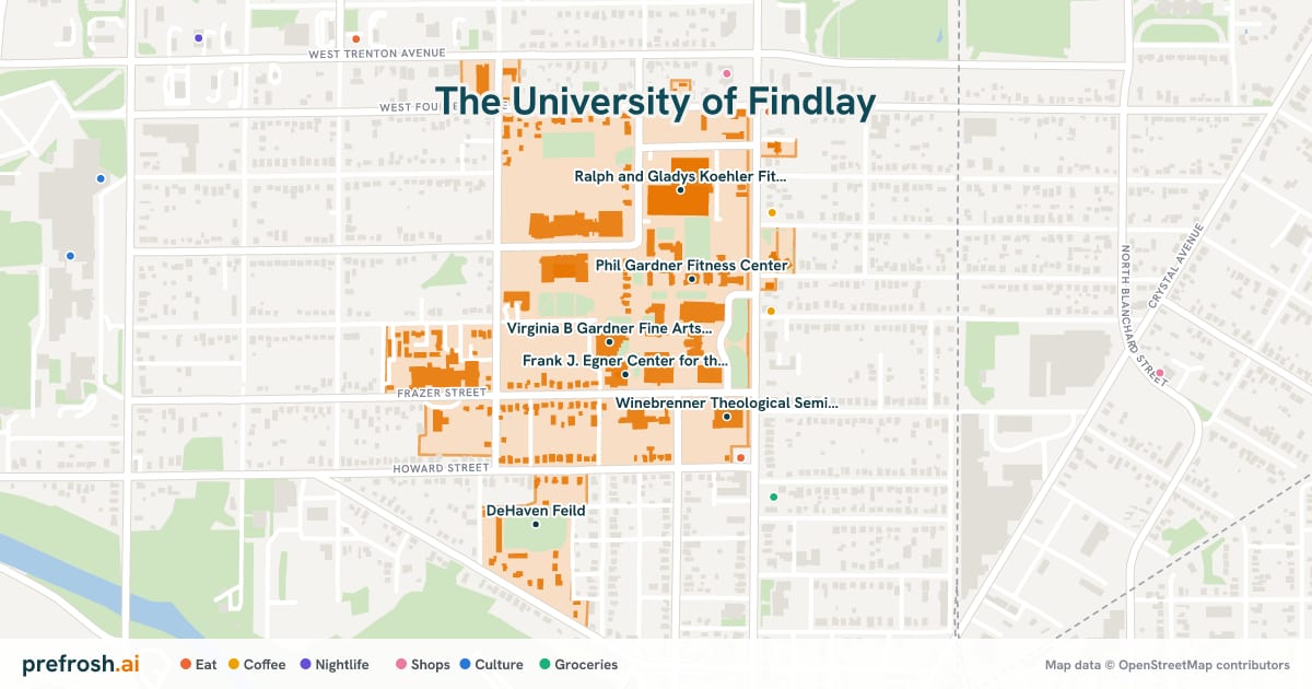 Campus map of The University of Findlay in Findlay, OH, showing Frank J. Egner Center for the Preforming Arts, Virginia B Gardner Fine Arts Pavilion, Croy Physical Education Center and Shafer Library, with nearby restaurants, coffee and shops