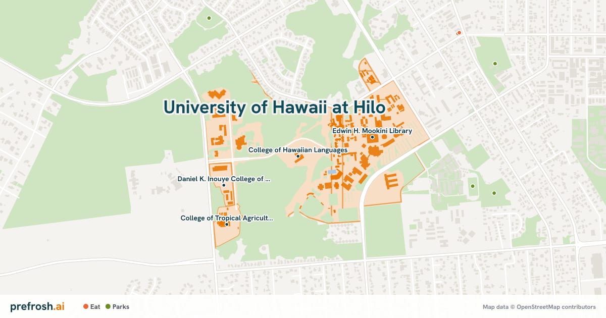 Campus map of University of Hawaii at Hilo in Hilo, HI, showing College of Hawaiian Languages, University of Hawaiʻi - Hilo Main Campus, Daniel K. Inouye College of Pharmacy and College of Tropical Agriculture & Human Resources, with nearby restaurants, coffee and shops
