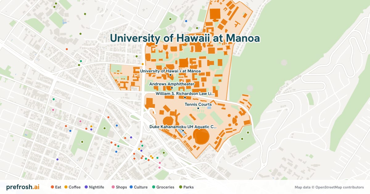 Campus map of University of Hawaii at Manoa in Honolulu, HI, showing William S. Richardson Law Library, Andrews Amphitheater, Tennis Courts and University of Hawaiʻi at Mānoa, with nearby restaurants, coffee and shops