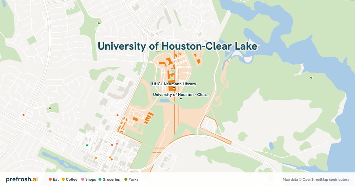 Campus map of University of Houston-Clear Lake in Houston, TX, showing University of Houston - Clear Lake and UHCL Neumann Library, with nearby restaurants, coffee and shops