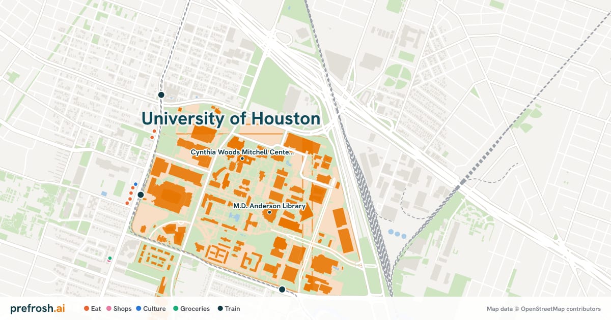 Campus map of University of Houston in Houston, TX, showing Cynthia Woods Mitchell Center for the Arts and Fertitta Center, with nearby restaurants, coffee and shops