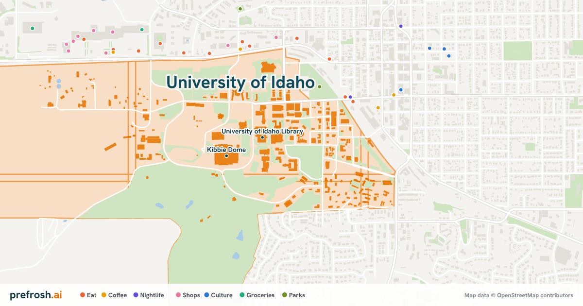 Campus map of University of Idaho in Moscow, ID, showing Kibbie Dome and University of Idaho Swim Center, with nearby restaurants, coffee and shops