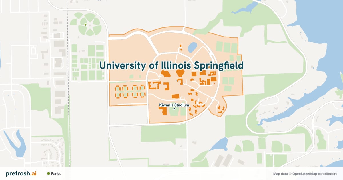 Campus map of University of Illinois Springfield in Springfield, IL, showing Kiwanis Stadium, with nearby restaurants, coffee and shops