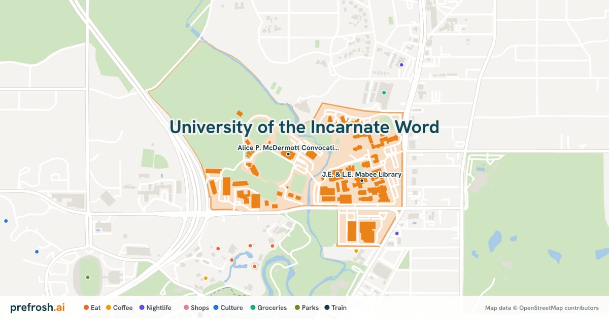 Campus map of University of the Incarnate Word in San Antonio, TX, showing Alice P. McDermott Convocation Center and Gayle and Tom Benson Stadium, with nearby restaurants, coffee and shops