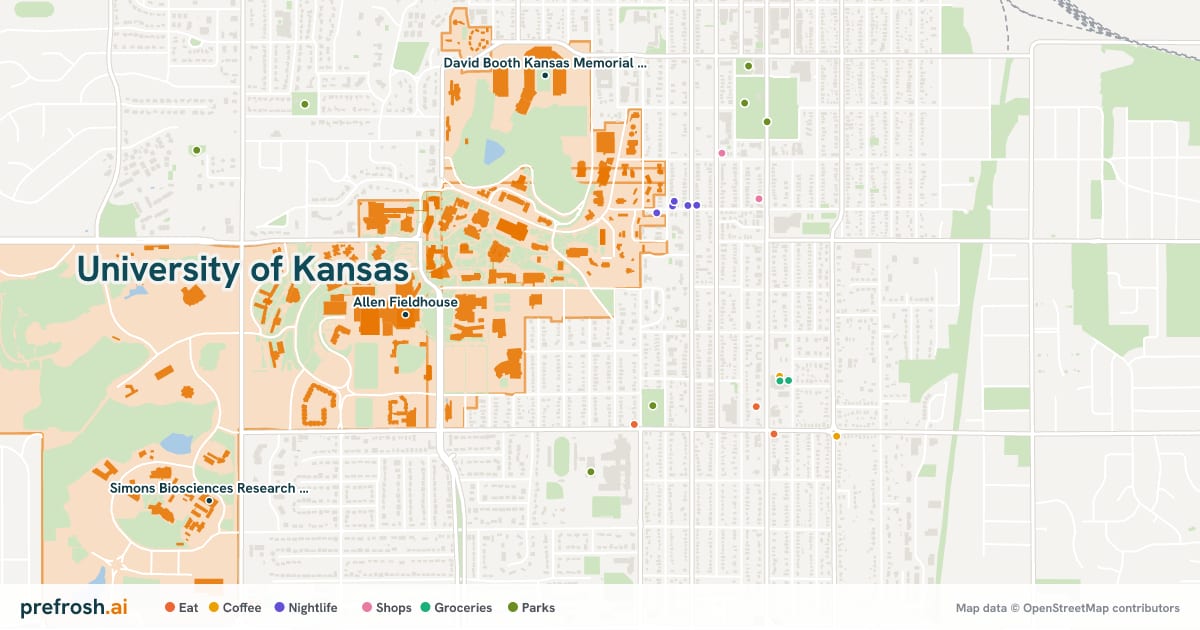 Campus map of University of Kansas in Lawrence, KS, showing Simons Biosciences Research Laboratories, Bridwell Botany Research Laboratory Herbarium and Foley Hall, with nearby restaurants, coffee and shops