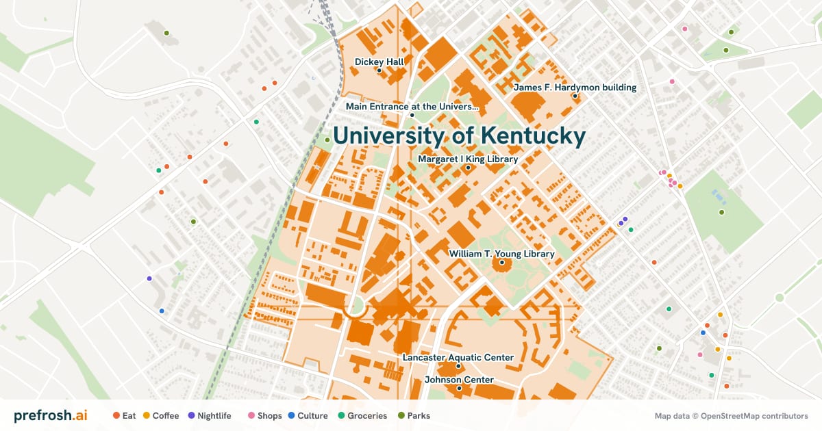 Campus map of University of Kentucky in Lexington, KY, showing Margaret I King Library, William T. Young Library, Lexington Theological Seminary and Main Entrance at the University of Kentucky, with nearby restaurants, coffee and shops