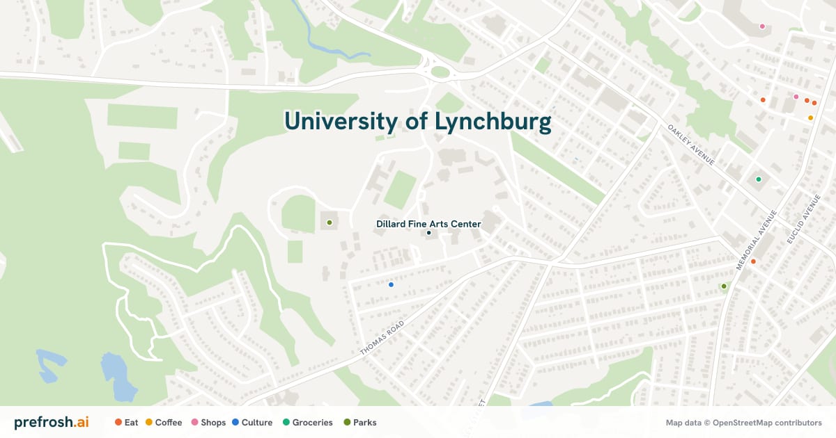 Campus map of University of Lynchburg in Lynchburg, VA, showing Dillard Fine Arts Center, with nearby restaurants, coffee and shops