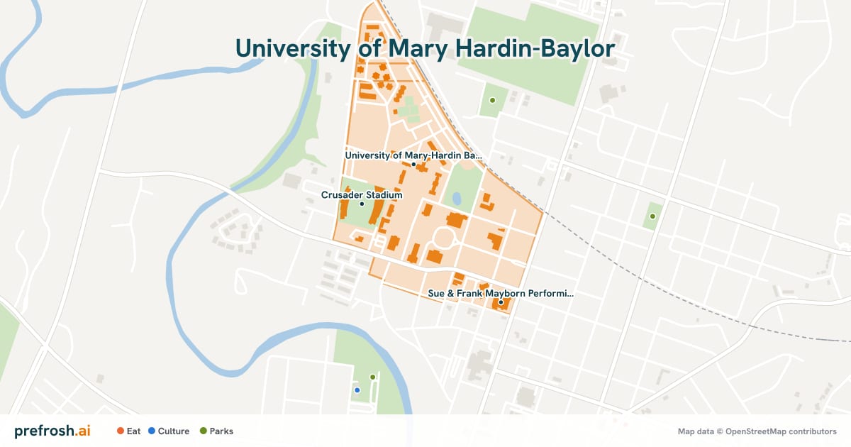 Campus map of University of Mary Hardin-Baylor in Belton, TX, showing University of Mary-Hardin Baylor, Crusader Stadium and Sue & Frank Mayborn Performing Arts Center, with nearby restaurants, coffee and shops