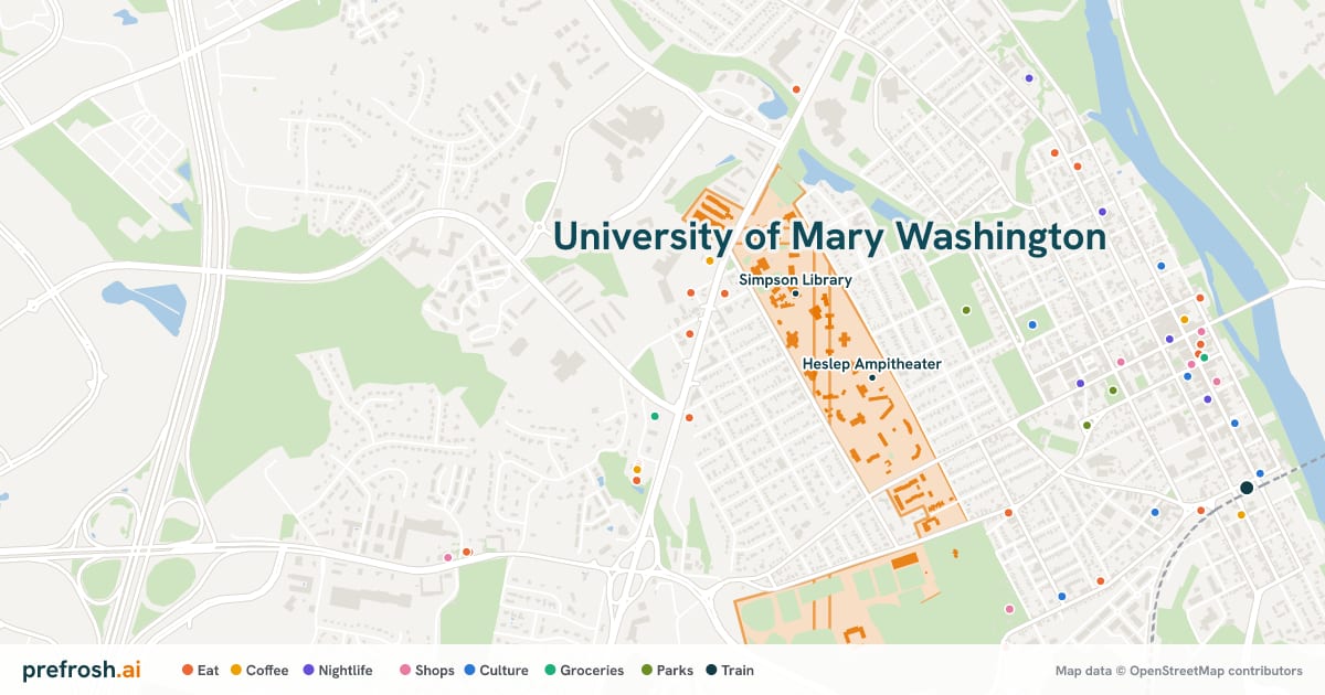 Campus map of University of Mary Washington in Fredericksburg, VA, showing Heslep Ampitheater and Simpson Library, with nearby restaurants, coffee and shops