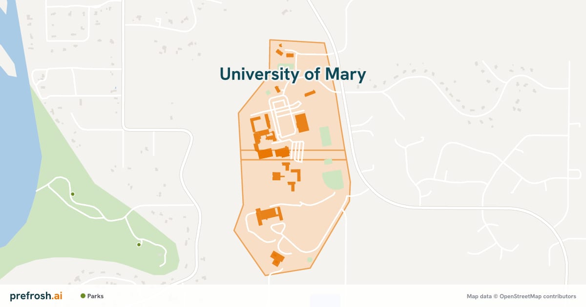 Campus map of University of Mary in Bismarck, ND, with nearby restaurants, coffee and shops