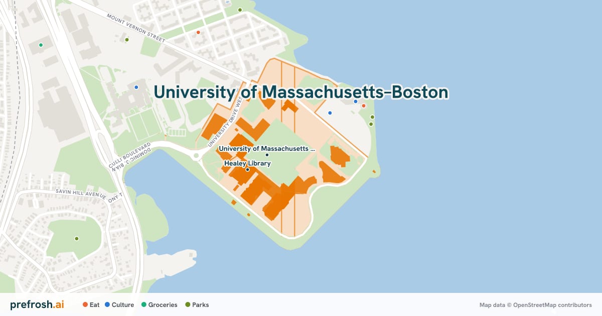 Campus map of University of Massachusetts–Boston in Boston, MA, showing University of Massachusetts Boston and Massachusetts Judicial Archives, with nearby restaurants, coffee and shops