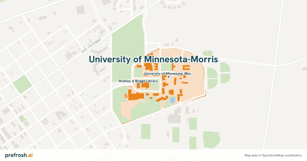 Campus map of University of Minnesota-Morris in Morris, MN, showing University of Minnesota, Morris and Rodney A Briggs Library, with nearby restaurants, coffee and shops