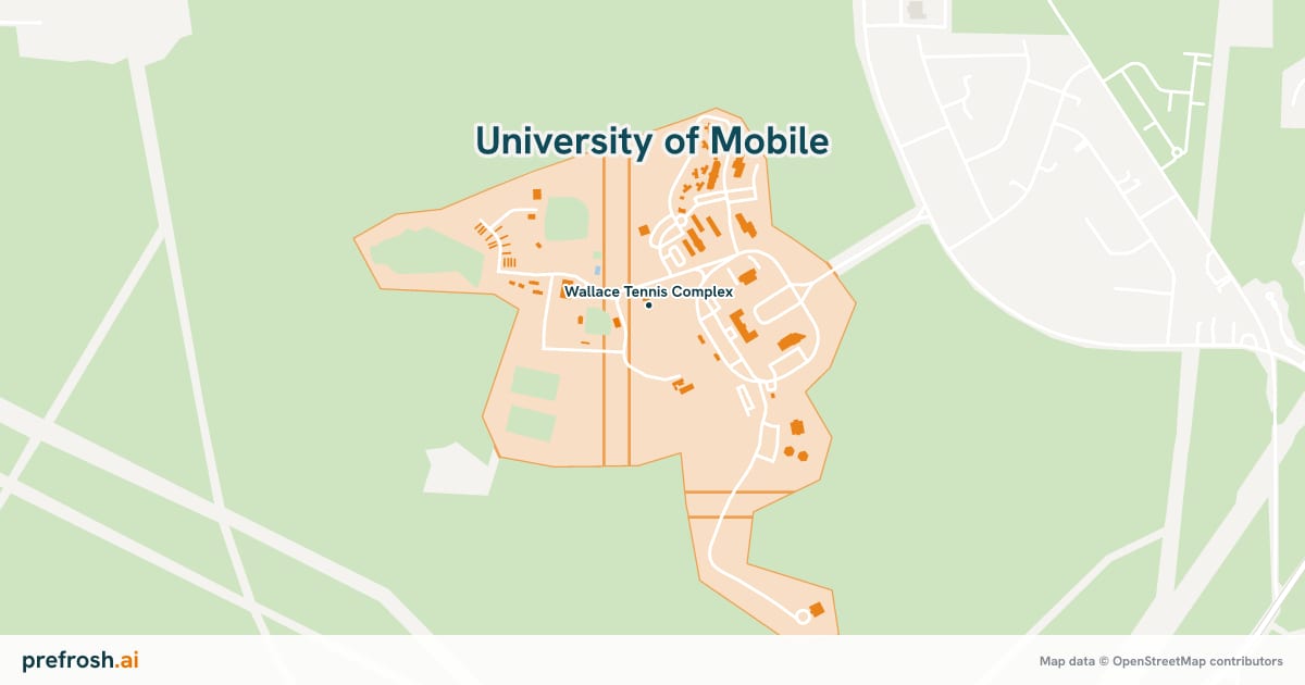 Campus map of University of Mobile in Mobile, AL, showing Wallace Tennis Complex, with nearby restaurants, coffee and shops