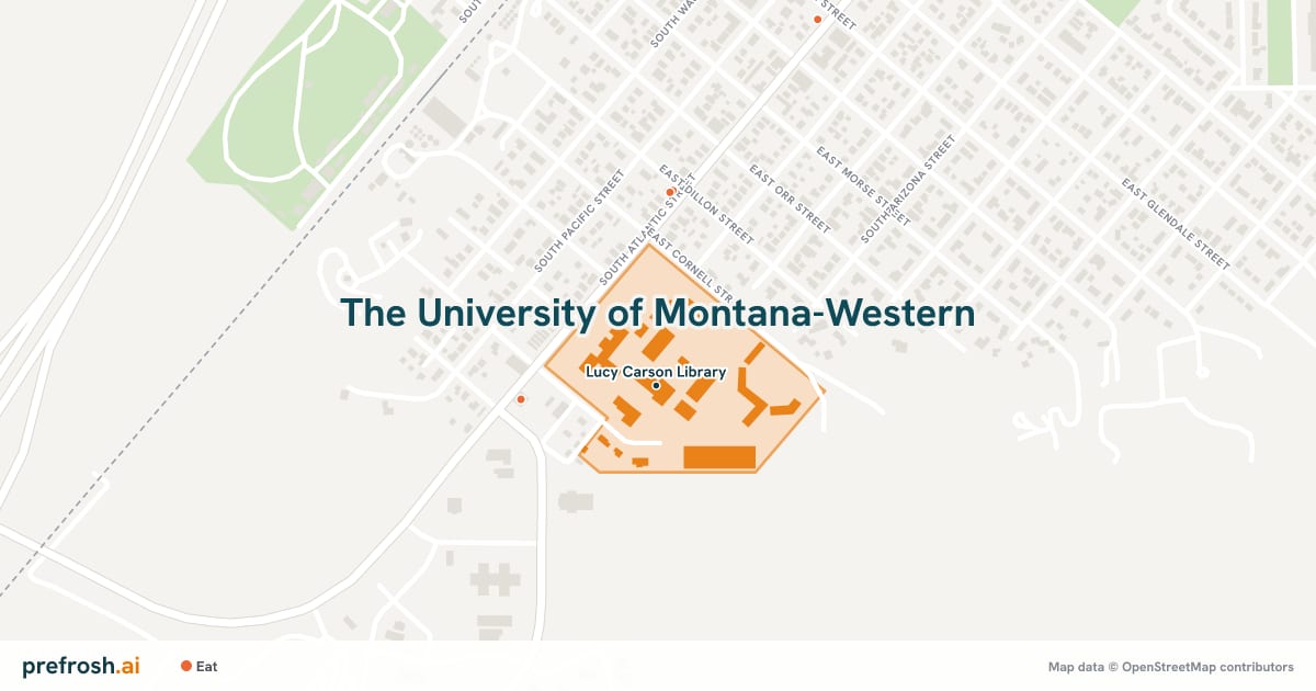 Campus map of The University of Montana-Western in Dillon, MT, showing The University of Montana Western, with nearby restaurants, coffee and shops