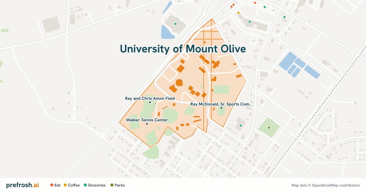 Campus map of University of Mount Olive in Mount Olive, NC, showing Ray and Chris Amon Field, Ray McDonald, Sr. Sports Complex and Moye Library, with nearby restaurants, coffee and shops