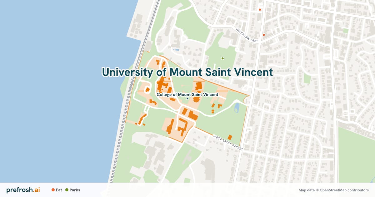 Campus map of University of Mount Saint Vincent in Bronx, NY, showing College of Mount Saint Vincent, with nearby restaurants, coffee and shops