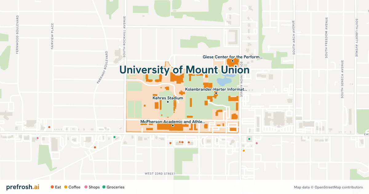 Campus map of University of Mount Union in Alliance, OH, showing Kehres Stadium, McPherson Academic and Athletic Complex, Kolenbrander-Harter Information Center and Sean M. MooreField, with nearby restaurants, coffee and shops