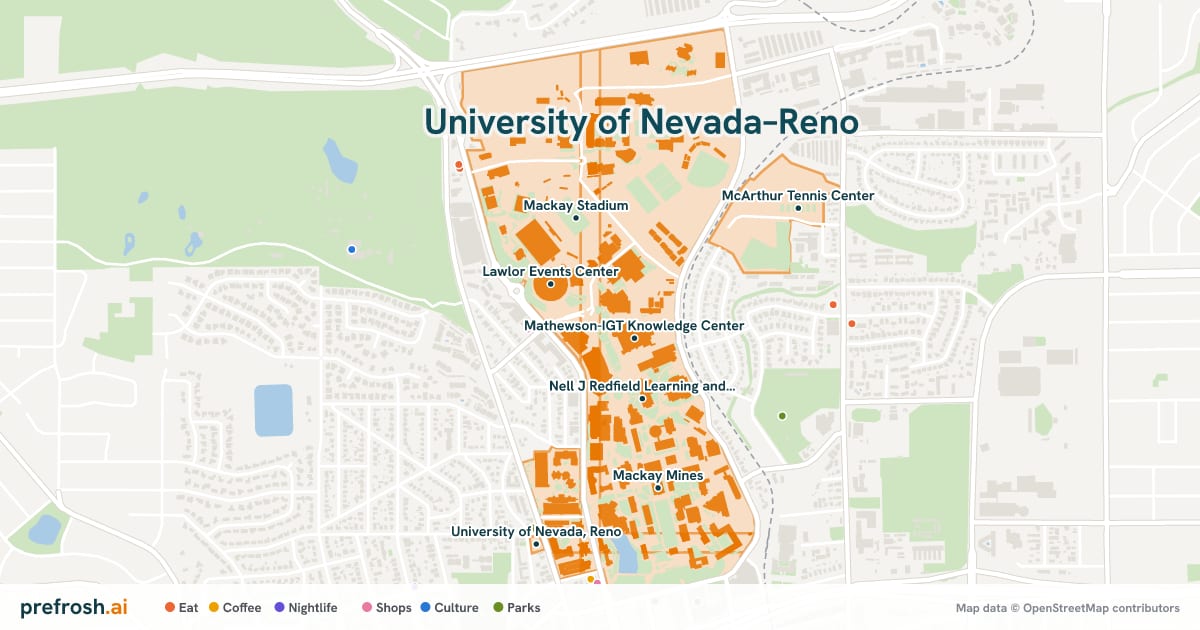 Campus map of University of Nevada–Reno in Reno, NV, showing Mathewson-IGT Knowledge Center, Basque Library, Nell J Redfield Learning and Resource Center and Lawlor Events Center, with nearby restaurants, coffee and shops