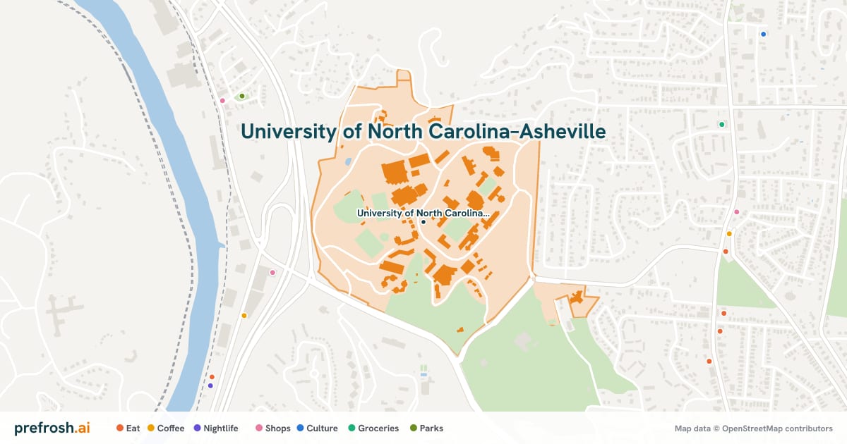 Campus map of University of North Carolina–Asheville in Asheville, NC, showing University of North Carolina - Asheville, with nearby restaurants, coffee and shops