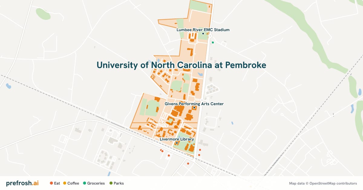 Campus map of University of North Carolina at Pembroke in Pembroke, NC, showing Givens Performing Arts Center, Grace P. Johnson Stadium and Livermore Library, with nearby restaurants, coffee and shops