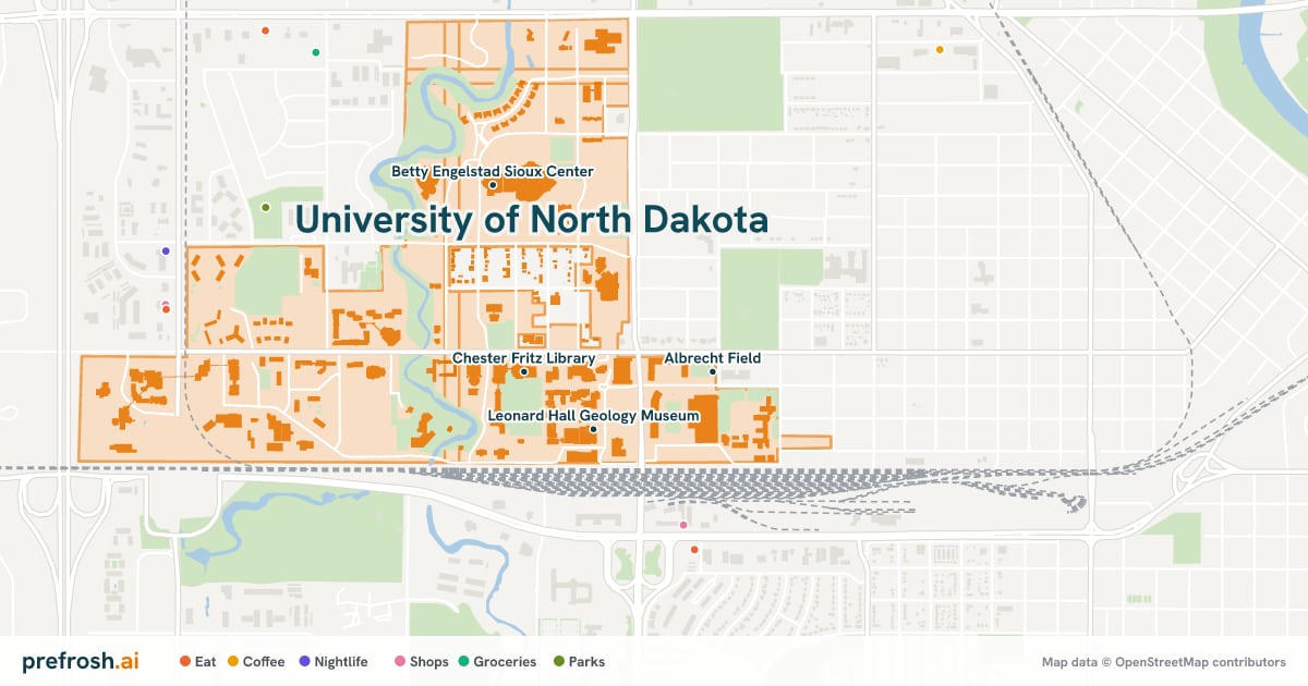 Campus map of University of North Dakota in Grand Forks, ND, showing Chester Fritz Library, Leonard Hall Geology Museum, ND Art Museum and Hughes Fine Arts Center, with nearby restaurants, coffee and shops