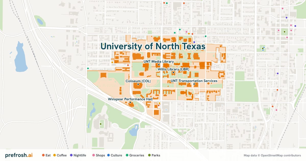 Campus map of University of North Texas in Denton, TX, showing Coliseum (COL), UNT Media Library, Willis Library (LIBR) and Pohl Recreation Center (RECS), with nearby restaurants, coffee and shops