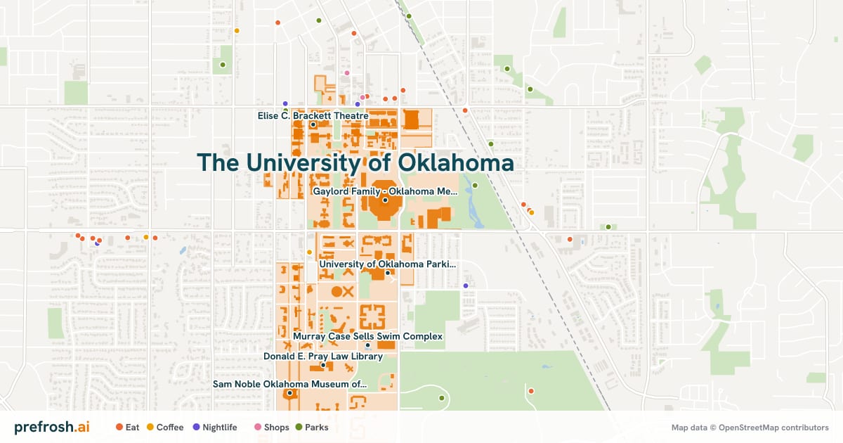 Campus map of The University of Oklahoma in Norman, OK, showing University of Oklahoma Parking Services, Gaylord Family - Oklahoma Memorial Stadium, Murray Case Sells Swim Complex and Bizzell Memorial Library, with nearby restaurants, coffee and shops
