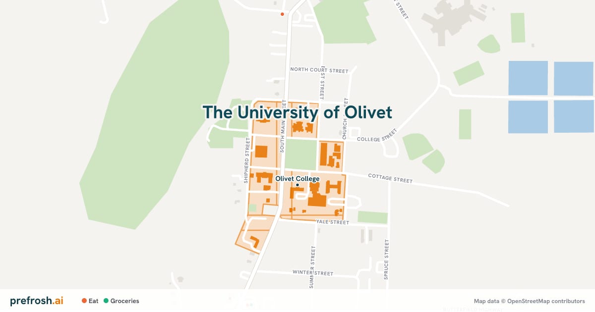 Campus map of The University of Olivet in Olivet, MI, showing Olivet College, with nearby restaurants, coffee and shops