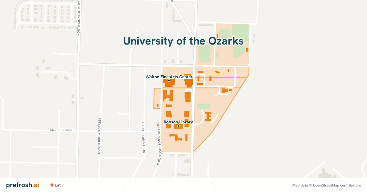 Campus map of University of the Ozarks in Clarksville, AR, showing Walton Fine Arts Center and Robson Library, with nearby restaurants, coffee and shops
