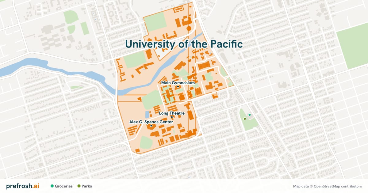 Campus map of University of the Pacific in Stockton, CA, showing Main Gymnasium, Long Theatre and William Knox Holt Memorial Library, with nearby restaurants, coffee and shops