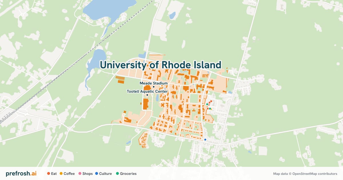 Campus map of University of Rhode Island in Kingston, RI, showing Meade Stadium and Tootell Aquatic Center, with nearby restaurants, coffee and shops