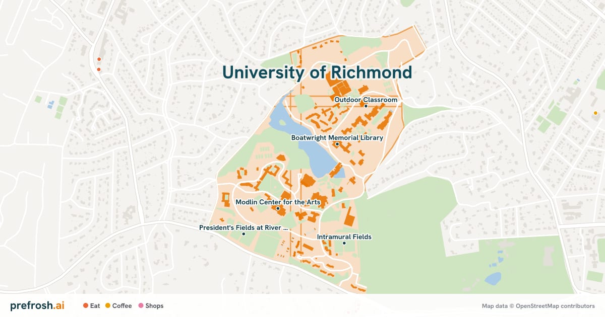 Campus map of University of Richmond in Richmond, VA, showing Boatwright Memorial Library, Jenkins Greek Theatre, Westhampton College Tennis Courts and Modlin Center for the Arts, with nearby restaurants, coffee and shops