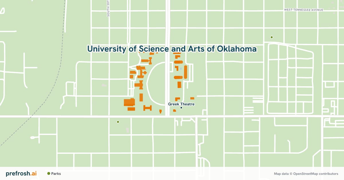 Campus map of University of Science and Arts of Oklahoma in Chickasha, OK, showing Greek Theatre, with nearby restaurants, coffee and shops