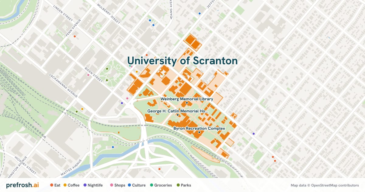 Campus map of University of Scranton in Scranton, PA, showing Weinberg Memorial Library, George H. Catlin Memorial House and Houlihan McLean Center, with nearby restaurants, coffee and shops