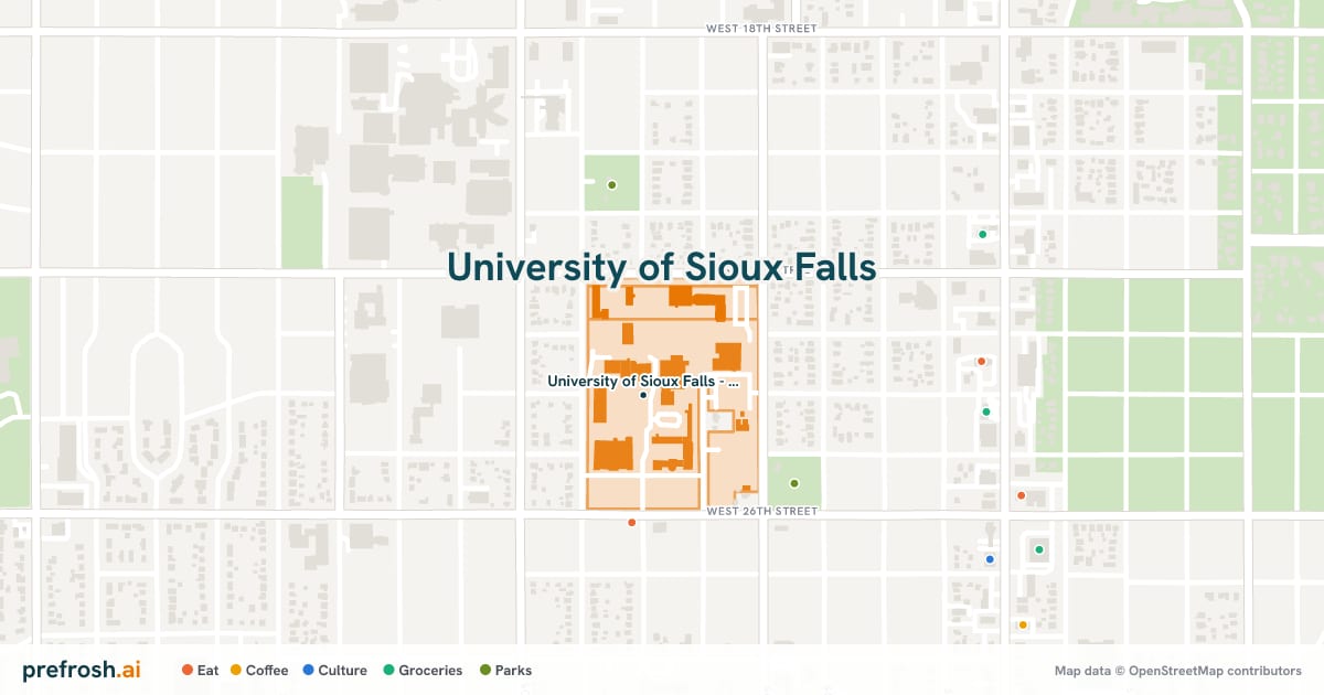 Campus map of University of Sioux Falls in Sioux Falls, SD, showing University of Sioux Falls - Main Campus, with nearby restaurants, coffee and shops