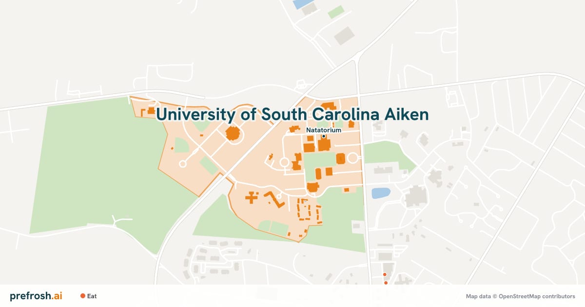 Campus map of University of South Carolina Aiken in Aiken, SC, showing Natatorium, with nearby restaurants, coffee and shops