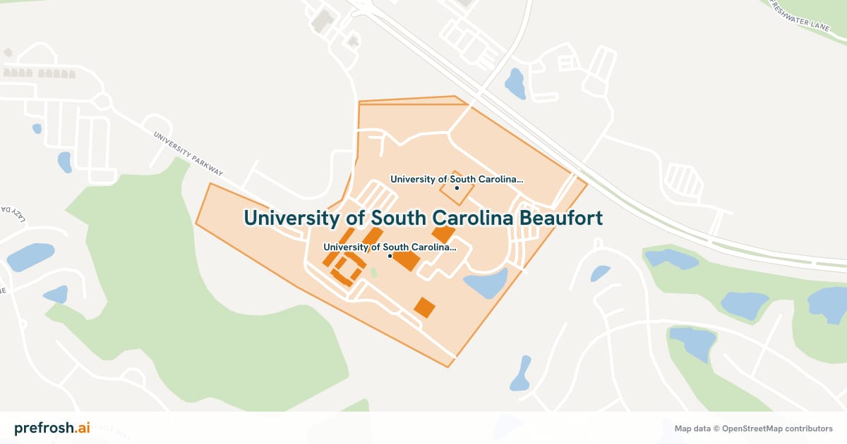 Campus map of University of South Carolina Beaufort in Bluffton, SC, showing University of South Carolina Bluffton Campus and University of South Carolina Beaufort - Bluffton campus, with nearby restaurants, coffee and shops