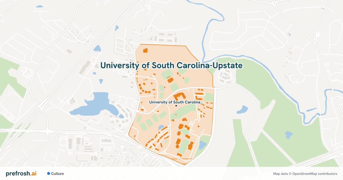 Campus map of University of South Carolina-Upstate in Spartanburg, SC, showing County University Soccer Stadium, with nearby restaurants, coffee and shops