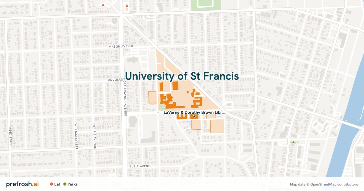 Campus map of University of St Francis in Joliet, IL, showing Pat Sullivan Center, with nearby restaurants, coffee and shops