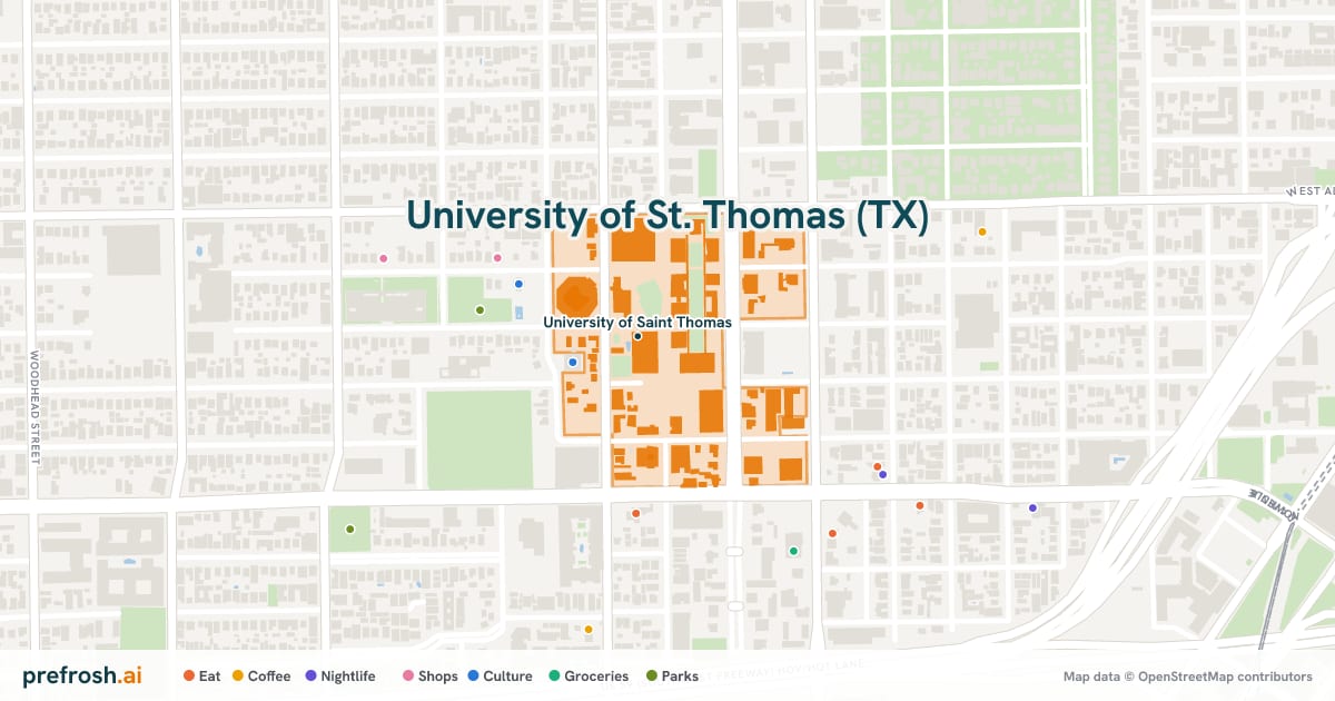 Campus map of University of St. Thomas (TX) in Houston, TX, showing University of Saint Thomas, with nearby restaurants, coffee and shops