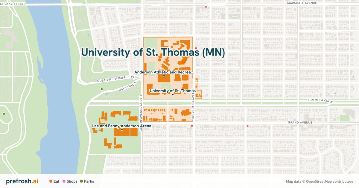 Campus map of University of St. Thomas (MN) in St. Paul, MN, showing University of St. Thomas, Anderson Athletic and Recreation Center and O’Shaughnessy Stadium, with nearby restaurants, coffee and shops