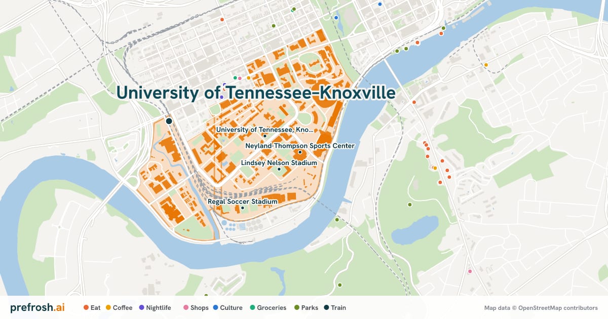 Campus map of University of Tennessee–Knoxville in Knoxville, TN, showing Lindsey Nelson Stadium, University of Tennessee, Knoxville, Student Aquatic Center and Neyland-Thompson Sports Center, with nearby restaurants, coffee and shops