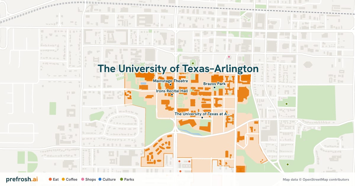 Campus map of The University of Texas–Arlington in Arlington, TX, showing Irons Recital Hall, Mainstage Theatre, Texas Hall and UTA Central Library, with nearby restaurants, coffee and shops